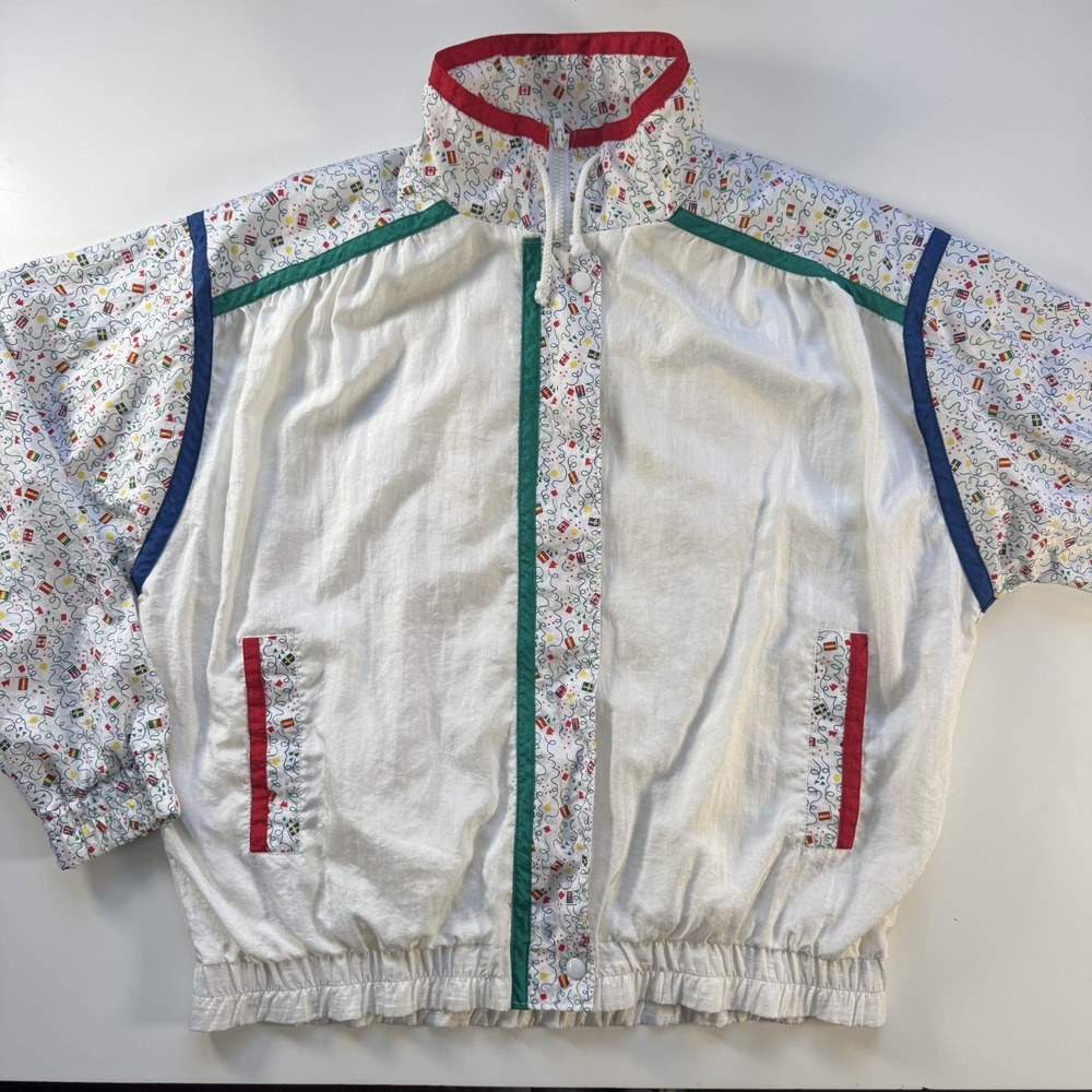 Vintage Duffel Sportswear Nylon Windbreaker Jacket Womens‎ Large 80s World Flags